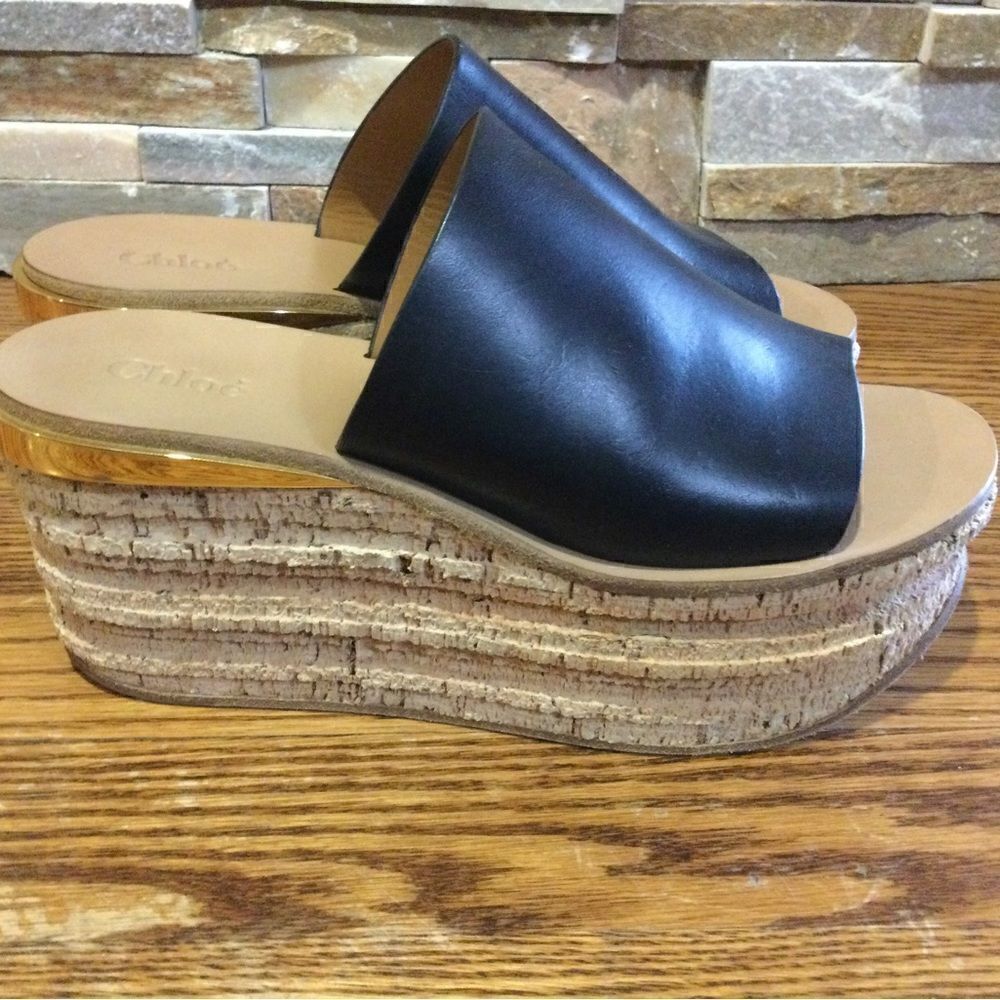 CHLOE Black Leather Platform Wedge Slide Sandals